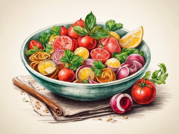 Auf dem Bild ist eine bunte Salatschüssel mit verschiedenen frischen Zutaten zu sehen, darunter Tomaten, Zitrone und Kräuter. Diese Art von Gericht spiegelt die Gastronomie Ljubljanas wider, die für ihre Vielfalt und Frische bekannt ist.In Ljubljana sind lokale und saisonale Produkte sehr wichtig. Früchte und Gemüse aus der Region, wie die auf dem Bild dargestellten, sind oft Teil der traditionellen slovenischen Küche. Viele Restaurants bieten kreative Salate an, die mit frischen Kräutern und mediterranen Aromen verfeinert sind. Ein Highlight der kulinarischen Szene sind auch die vielfältigen Märkte, wo die Einheimischen frische Zutaten erwerben können.Zusätzlich sind in Ljubljana auch Gerichte mit typischen slovenischen Zutaten, wie Trüffeln, verschiedenen Käsesorten und regionale Fleischspezialitäten, sehr beliebt.