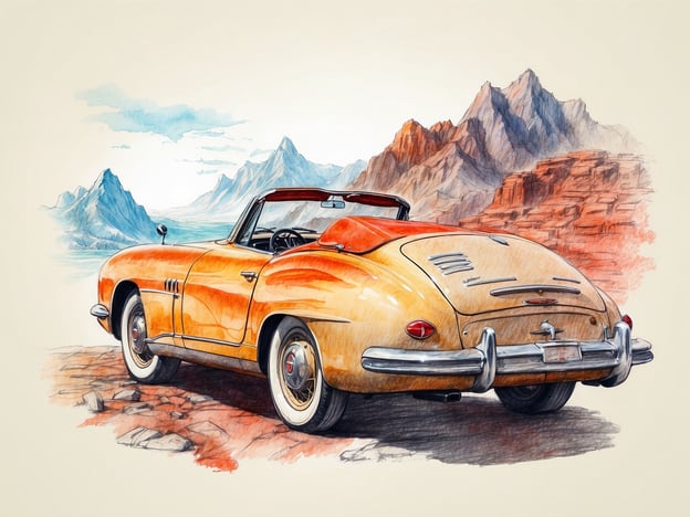 Auf dem Bild sehen wir ein kunstvoll gezeichnetes, leuchtend orangefarbenes Cabriolet, das vor einer beeindruckenden Berglandschaft parkt. Die Berge im Hintergrund sind majestätisch und wirken einladend, fast so, als würden sie Abenteuer versprechen.Stellt euch vor, Sofia, die eine Leidenschaft für alte Autos hat, fährt mit ihrem Cabriolet auf einer malerischen Strasse entlang. Mit dem Wind in den Haaren und der Musik im Hintergrund genießt sie die Freiheit und die Schönheit der Natur um sich herum. Der Anblick der Berge lässt sie von neuen Abenteuern träumen, während die Sonne sanft auf das Auto scheint und es in warmen Tönen erstrahlen lässt.