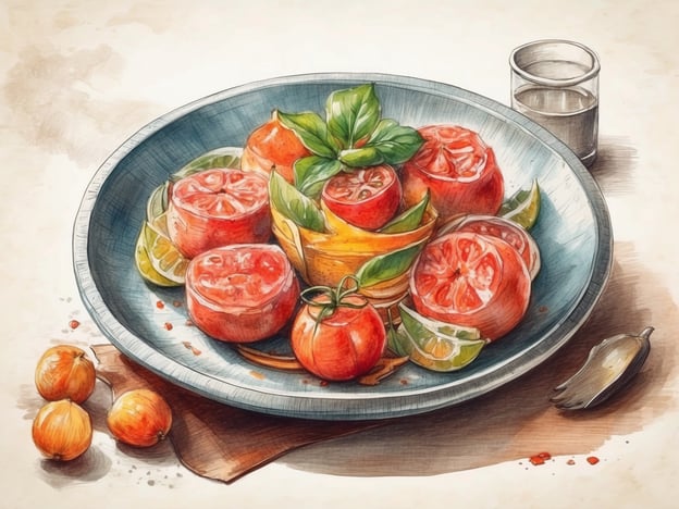 Auf dem Bild ist eine ansprechend angerichtete Auswahl von Tomaten und Zitrusfrüchten zu sehen, begleitet von frischen Kräutern wie Basilikum. Diese Art der Präsentation könnte in der mediterranen Küche vorkommen, wo frische, saisonale Zutaten eine zentrale Rolle spielen.Die Kombination von Tomaten und Zitrusfrüchten ist typischerweise in Salaten oder als Vorspeise zu finden, oft begleitet von Olivenöl, Balsamico oder verschiedenen Gewürzen. Solche Gerichte sind charakteristisch für die lokale Gastronomie in Küstenregionen, wo frische Produkte leicht erhältlich sind.Auch die Glas mit einer klaren Flüssigkeit, möglicherweise Wasser oder ein leichter Wein, ergänzen das kulinarische Erlebnis. Der rustikale Untergrund und das Besteck vermitteln ein einladendes, informelles Ambiente, das zu geselligem Essen einlädt.