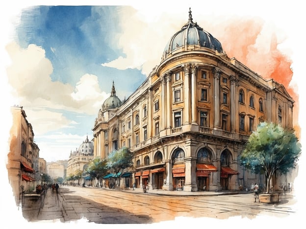 Auf dem Bild ist eine architektonisch imposante Straße zu sehen, die möglicherweise an die Altstadt von Skopje erinnert. Skopje, die Hauptstadt Nordmazedoniens, hat eine reiche Geschichte, die bis in die Antike zurückreicht. Sie war schon zu Zeiten der Römer ein bedeutendes Zentrum und hat im Laufe der Jahrhunderte viele kulturelle Einflüsse erfahren, was sich in ihrer vielfältigen Architektur widerspiegelt.Die Kombination aus klassischen und modernen Bauweisen, die auf dem Bild zu sehen sind, könnte die Sanierung und den Wiederaufbau der Stadt nach dem Erdbeben von 1963 darstellen. Der Fluss Vardar, der durch die Stadt fließt, ist ein zentrales Element, das die verschiedenen Stadtviertel verbindet. Skopje ist auch bekannt für ihre zahlreichen Denkmäler und Statuen, die an verschiedene historische Figuren erinnern.Zusammengefasst zeigt das Bild eine aufgeschlossene und dynamische urbanistische Landschaft, die die Geschichte und die kulturelle Vielfalt von Skopje verkörpert.