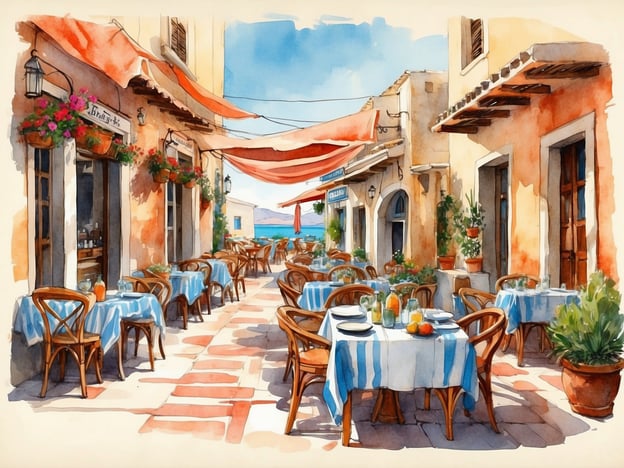Auf dem Bild ist eine malerische Außenterrasse eines Restaurants zu sehen, die mit blauen und weißen Tischdecken geschmückt ist. Solche Szenen erinnern an die kulinarischen Highlights in Thessaloniki, wo man in den vielen traditionellen Tavernen und Restaurants hervorragende griechische Küche genießen kann.Besonders empfehlenswert sind die „Bougatsa“ (gefüllte Teigblätter), „Souvlaki“ (grilliertes Fleisch am Spieß) und frische Meeresfrüchte. Außerdem sollte man die lokale „Chalkidiki-Oliven“ und den würzigen „Feta“-Käse probieren, die in der Region sehr beliebt sind. Die Atmosphäre in unseren Restaurants ist oft einladend und perfekt, um die griechische Gastfreundschaft zu erleben.