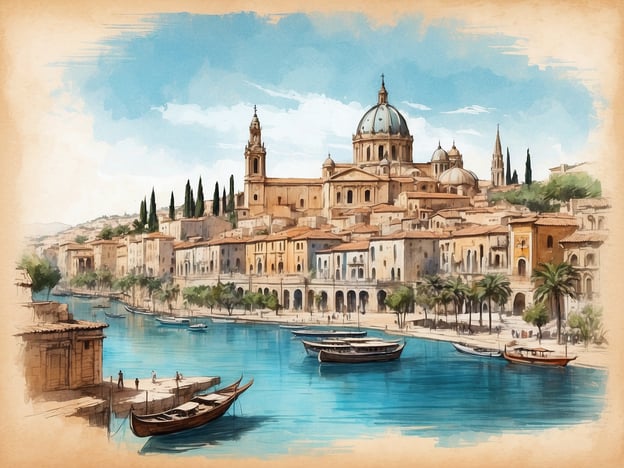 Das Bild zeigt eine malerische Küstenansicht einer Stadt, die starke mediterrane Einflüsse aufweist. Im Vordergrund sind mehrere Boote im Wasser zu sehen, während Uferpromenaden mit Palmen und Menschen, die sich dort aufhalten, die Szenerie beleben. Auf der gegenüberliegenden Seite erkennt man eine schöne Architektur mit beeindruckenden Kuppeln und Türmen, die auf eine historische Stadt hindeutet.Diese Stadtszenerie könnte Valletta darstellen, die Hauptstadt von Malta, bekannt für ihre einzigen Barockgebäude, historischen Festungen und das klare, blaue Wasser des Mittelmeeres. Valletta ist ein UNESCO-Weltkulturerbe und zieht Touristen mit ihrer reichen Geschichte und Architektur an.