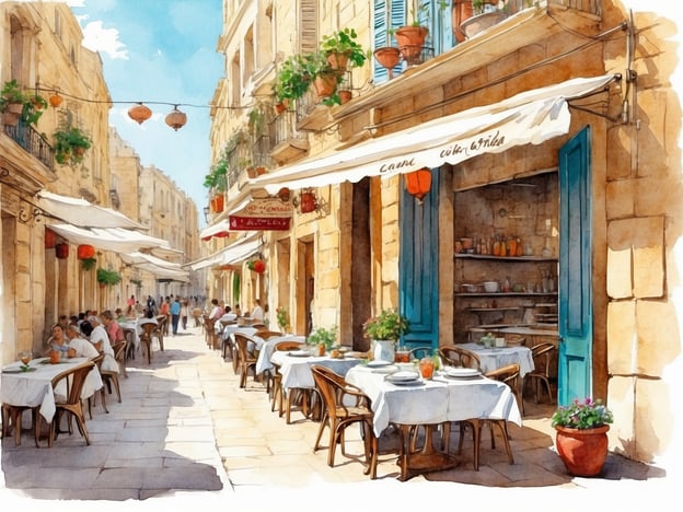 Auf dem Bild ist eine malerische Straße in Valletta zu sehen, die von charmanten Restaurants gesäumt ist. Die Außenterrassen sind mit weißen Tischdecken gedeckt, und es gibt Pflanzen und dekorative Laternen, die für eine einladende Atmosphäre sorgen.Kulinarische Highlights in Valletta umfassen traditionelle maltesische Gerichte wie *Pastizzi* (Blätterteiggebäck mit Ricotta oder Erbsenfüllung), *Fenek* (Hasenfleisch), und *Bragioli* (gefülltes Rindfleisch). Außerdem sind Meeresfrüchte und die maltesische Variante von *Pizza* sehr beliebt. Die kleinen Cafés bieten auch ein hervorragendes Angebot an lokalen Weinen und süßen Leckereien wie *Kannoli*.