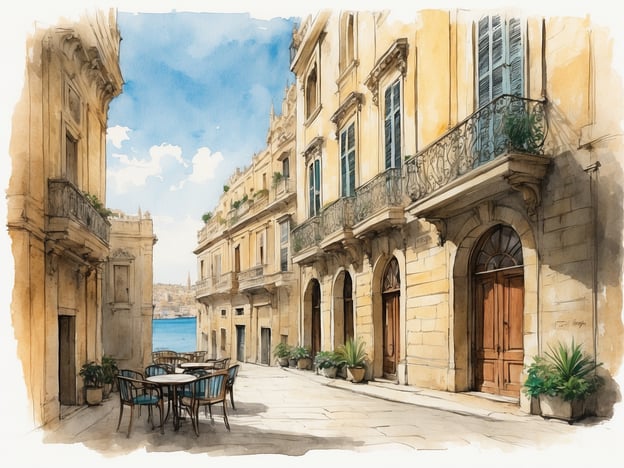 Auf dem Bild ist eine charmante Gasse in Valletta zu sehen, umgeben von historischen, sanierungsbedürftigen Gebäuden. Die Gasse hat einen einladenden Charakter mit einem kleinen Tisch und Stühlen im Freien, ideal für eine entspannte Pause.In Valletta gibt es zahlreiche Unterkünfte, die einen Aufenthalt besonders machen. Zum Beispiel das "Palazzo Bifora", wo historische Architektur auf modernen Komfort trifft. Ein weiteres tolles Beispiel ist das "Hotel Phoenicia Malta", das für seine elegante Atmosphäre und den schönen Blick auf den Hafen bekannt ist. Perfekte Optionen, um die Atmosphäre dieser einzigartigen Stadt zu genießen!