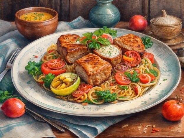 Auf dem Bild ist ein Teller mit einer kulinarischen Kreation zu sehen, die an einige der beliebten Gerichte in Kiew erinnern könnte. Dazu gehören beispielsweise:- **Varenyky**: Gefüllte Teigtaschen, oft mit Kartoffeln, Käse oder Kirschen.- **Syrnyky**: Süße Käseküchlein, die mit Sour Cream oder Marmelade serviert werden.- **Borschtsch**: Eine kräftige Rote-Bete-Suppe, die oft mit saurer Sahne serviert wird.- **Holodets**: Ein kaltes Fleischgericht, das aus in Gelee eingelegtem Fleisch besteht.Das dargestellte Gericht könnte eine moderne Variante mit Fleisch, Gemüse und Nudeln sein, was in der zeitgenössischen ukrainischen Küche oft zu finden ist.
