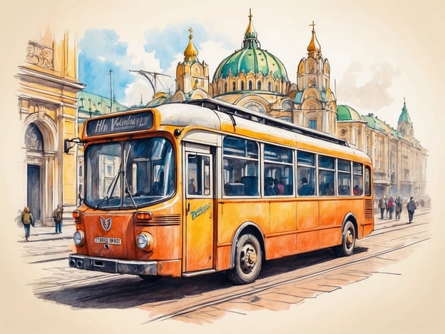 Auf dem Bild ist ein orangefarbener Linienbus zu sehen, der vor einer beeindruckenden architektonischen Kulisse steht, die möglicherweise in Kiew lokalisiert ist.**Praktische Reisetipps für Kiew:**1. **Öffentliche Verkehrsmittel nutzen:** Die Stadt hat ein gut ausgebautes Netz aus U-Bahnen, Bussen und Straßenbahnen. Einfache Tickets können an Automaten oder am Kiosk gekauft werden.2. **Zu Fuß erkunden:** Viele Sehenswürdigkeiten sind fußläufig erreichbar, also ist es empfehlenswert, die Stadt zu Fuß zu erkunden und die Atmosphäre aufzusaugen.3. **Kulturelle Sehenswürdigkeiten:** Besuchen Sie die St. Sofienkathedrale und die Kiever Höhlenläufe, um die reiche Geschichte und Kultur der Stadt zu erleben.4. **Lokale Küche probieren:** Verpassen Sie nicht, traditionelle ukrainische Gerichte wie Borschtsch und Varenyky in einem der lokalen Restaurants auszuprobieren.5. **Sicherheitsvorkehrungen:** Informieren Sie sich über aktuelle Sicherheitshinweise und bleiben Sie in belebten, gut beleuchteten Bereichen, besonders nachts.6. **Freundliche Einheimische:** Die Kiewer sind in der Regel hilfsbereit und freundlich. Scheuen Sie sich nicht, nach Informationen oder Hilfe zu fragen.Viel Spaß beim Entdecken von Kiew!