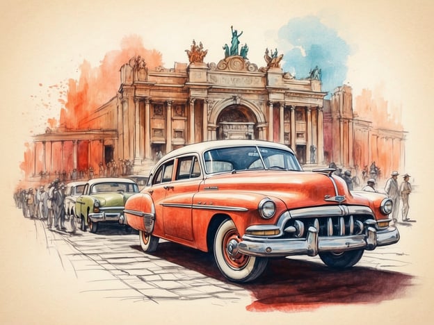 Auf dem Bild ist eine nostalgische Straßenansicht mit einem auffälligen orangefarbenen Auto und einem grünen Auto im Hintergrund dargestellt. Die Szenerie erinnert an eine belebte Stadtstraße, die an ein historisches Gebäude grenzt, das an die Architektur in Rijeka erinnert. Die Menschenmenge, die in Richtung des Gebäudes strömt, vermittelt eine lebendige Atmosphäre.Rijeka, bekannt für ihre kulturelle Vielfalt, könnte durch die Kombination von alter Architektur und dem städtischen Leben in dieser Darstellung symbolisiert werden. Die Farben und der künstlerische Stil verleihen dem Bild eine nostalgische Note, die im Zusammenhang mit dieser Hafenstadt für die bedeutende Rolle ihrer Geschichte und Kultur steht. Die Fahrzeuge und die Menschen tragen zur Darstellung einer lebendigen, dynamischen städtischen Szene bei.