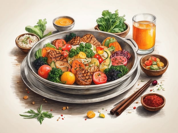 Auf dem Bild ist ein bunt dekorierter Teller mit einer Vielzahl von gegrillten Gemüsesorten und Früchten zu sehen, umgeben von kleinen Schalen mit Saucen, Reis und einer Getränkeglas. Die vielfältigen Farben und Texturen spiegeln Rijeka's kulinarische Vielfalt wider, die bekannt ist für ihre frischen und regionalen Zutaten. Typische kroatische Aromen, wie die Kombination von frischem Gemüse und gegrilltem Fleisch, machen die Speise zu einem köstlichen Beispiel für die lokale Küche.
