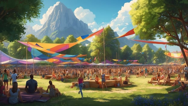 Sommerfestival mit Menschenmengen, bunten Stoffbahnen und Bergen im Hintergrund, fröhliche Atmosphäre in der Natur.