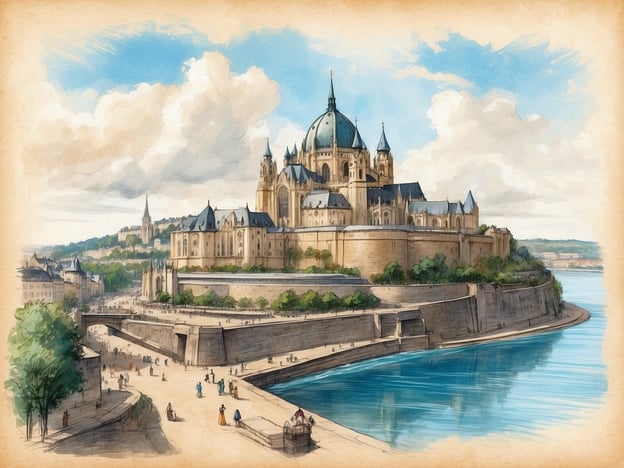 Auf dem Bild ist eine beeindruckende Landschaft zu sehen, die an die Geschichte von Koblenz erinnert, einer Stadt, die an der Mosel- und Rheinmündung liegt. Die markante Architektur im Bild könnte eine Darstellung der Festung Ehrenbreitstein oder des Deutschen Ecks sein, die beide bedeutend für die Geschichte der Stadt sind. Koblenz ist bekannt für seine historische Altstadt, zahlreiche Schlösser und Burgen sowie seine Rolle als wichtiger Handels- und Militärstandort im Laufe der Jahrhunderte.Die Stadt hat eine über 2000-jährige Geschichte, die bis zu den Römern zurückreicht. Besonders hervorzuheben ist das Zusammenfließen der beiden Flüsse und die strategische Bedeutung, die Koblenz in verschiedenen Epochen einnahm. Die im Bild dargestellte Szenerie könnte die romantische Atmosphäre widerspiegeln, die heute viele Besucher anzieht.