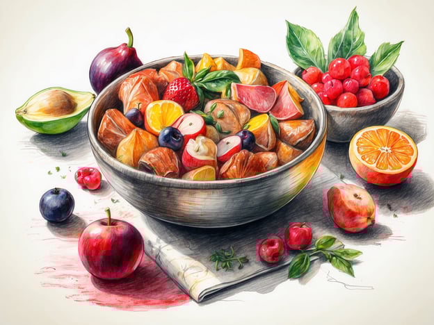 Auf dem Bild ist eine Köstlichkeit aus frischen Früchten zu sehen. Eine große Schüssel ist prall gefüllt mit bunten Obststücken, darunter saftige Orangen, süße Erdbeeren und frische Äpfel. Daneben steht eine kleinere Schale mit roten Beeren, die ebenfalls verlockend aussieht.Die Farben und die Vielfalt der Früchte verleihen dem Arrangement eine lebendige Ausstrahlung. Diese kulinarischen Genüsse laden dazu ein, sich daran zu erfreuen und sie zu genießen. Frisches Obst ist nicht nur lecker, sondern auch gesund und perfekt für einen erfrischenden Snack oder ein köstliches Dessert.
