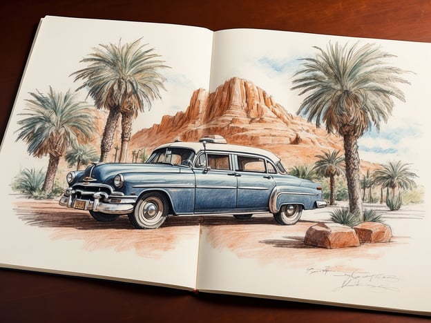 Auf dem Bild ist eine künstlerische Darstellung eines blauen Oldtimers vor einer Landschaft mit Palmen und roten Felsen zu sehen. Es ist vermutlich eine Szene, die eine sonnige, tropische Umgebung darstellt.**Praktische Informationen für Besucher:**- **Beste Besuchszeit:** Frühling oder Herbst, um die milden Temperaturen zu genießen.- **Aktivitäten:** Genießen Sie eine Autofahrt durch die schöne Landschaft, machen Sie ein Picknick unter den Palmen oder fotografieren Sie die malerische Kulisse.- **Hinweise:** Denken Sie daran, ausreichend Wasser und Sonnenschutz mitzubringen, da es in solchen Regionen schnell warm wird. Überprüfen Sie die örtlichen Verkehrs- und Parkregelungen, wenn Sie mit dem Auto anreisen.