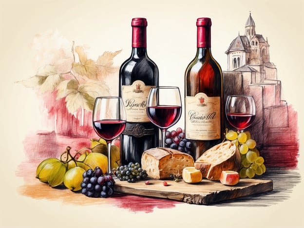 Auf dem Bild sind zwei Flaschen Wein, eine mit einer roten Cabernet- und die andere mit einer Pinot Noir-Variante, die stilvoll platziert sind. Vor den Flaschen stehen mehrere Gläser mit rotem Wein, die die Edle des Weins widerspiegeln. Daneben liegt eine Auswahl an frischem Brot und Käse auf einem Holzbrett, umrahmt von Trauben und anderen Früchten.Bacharach, bekannt für seine Weinbau-Traditionen, bietet die perfekte Kulisse für solche kulinarischen Köstlichkeiten. Die malerische Altstadt und die Weinberge an den Hängen des Rheins machen Wein und Kulinarik hier zu einem einzigartigen Erlebnis. Ein solches Arrangement spiegelt die Verbindung zwischen den köstlichen Weinen von Bacharach und der regionalen Gastronomie wider.