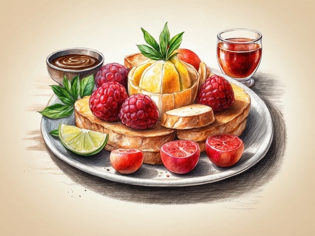 Auf dem Bild ist ein ansprechend angerichteter Teller mit verschiedenen kulinarischen Genüssen zu sehen. Im Mittelpunkt befinden sich frische Himbeeren, die zusammen mit einer hübsch geschälten Orange und einigen Limettenscheiben platziert sind. Zudem gibt es Stücke von Brot, die eine ideale Basis für die fruchtigen Köstlichkeiten bieten.Ein kleiner Schälchen enthält eine dunkle Sauce, die als das perfekte Topping dienen könnte. Daneben steht ein Glas mit einer roten Flüssigkeit, möglicherweise ein Fruchtsaft oder ein erfrischendes Getränk. Die Kombination der frischen Früchte und die verschiedenen Texturen versprechen ein genussvolles Geschmackserlebnis.