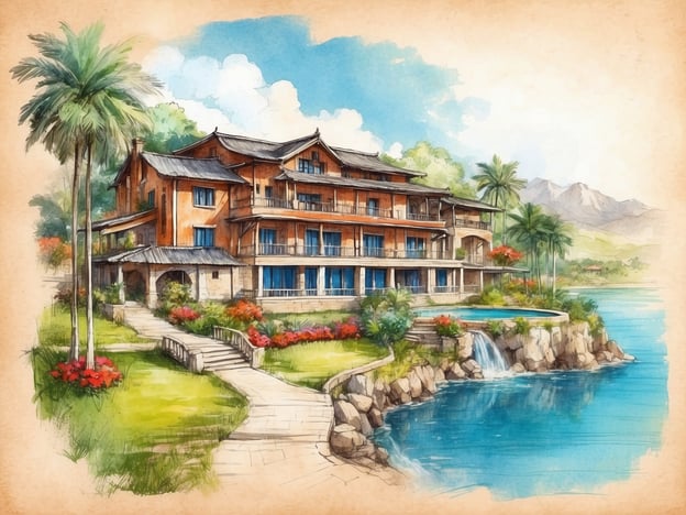 Auf dem Bild ist ein stilisiertes Gebäude zu sehen, das an ein modernes Hotel oder eine elegante Ferienanlage erinnert. Die Architektur vereint Elemente von Tradition und Moderne, umgeben von einer üppigen, tropischen Landschaft mit Palmen und einem ruhigen Gewässer.In Bezug auf die Geschichte von Bad Kreuznach könnte man darüber nachdenken, wie der Ort als Kurstadt bekannt wurde, die für ihre heilenden Mineralquellen und die angenehme Landschaft geschätzt wird. Bad Kreuznach war im 19. Jahrhundert ein beliebtes Reiseziel für Kurgäste, die Erholung und Gesundheit suchten. Die malerische Umgebung mit Brunnen und Parks spielte dabei eine große Rolle. So könnte das Bild auch die Vorstellung eines Hotels oder einer Kuranlage repräsentieren, die in einer reizvollen Natur gelegen ist und die Tradition der Erholung und Gesundheitspflege aufgreift, ähnlich wie Bad Kreuznach.