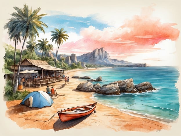 Auf dem Bild ist eine malerische Strandszene zu sehen. Im Vordergrund liegt ein schöner Sandstrand mit ein paar Felsen und klarer, türkisfarbener See. Es gibt ein kleines rotes Boot, das am Ufer angedockt ist, sowie ein Zelt, was auf ein Camping-Erlebnis hindeutet.Im Hintergrund befindet sich eine Hütte oder Restaurant, wo Menschen sitzen und essen. Die Umgebung ist von hohen Palmen gesäumt, und in der Ferne erheben sich beeindruckende Bergformationen. Die Szenerie lädt zu Aktivitäten wie Schwimmen, Bootfahren, Angeln oder einfach zum Entspannen am Strand ein. Die warme, einladende Atmosphäre ist ideal für einen erholsamen Tag in der Natur.