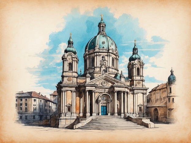 Auf dem Bild ist eine prächtige Kirche mit einer markanten Kuppel und mehreren Türmen zu sehen, umgeben von historischen Gebäuden. Diese Darstellung könnte an die Architektur erinnern, die man in vielen Städten Deutschlands findet, jedoch nicht speziell in Idar-Oberstein.Idar-Oberstein ist bekannt für seine Geschichte mit der Edelsteinschleiferei und dem Handelsgewerbe. Die Stadt liegt malerisch zwischen dem Idarwald und der Nahe und hat sich durch ihre Tradition im Edelsteinhandwerk einen Namen gemacht. Die Faszination für Schmuck und die Verarbeitung von Edelsteinen zieht viele Touristen an. Historische Bauwerke, die oft den Reichtum dieser Tradition widerspiegeln, prägen das Stadtbild, auch wenn sie sich nicht direkt mit der abgebildeten Kirche identifizieren lassen.