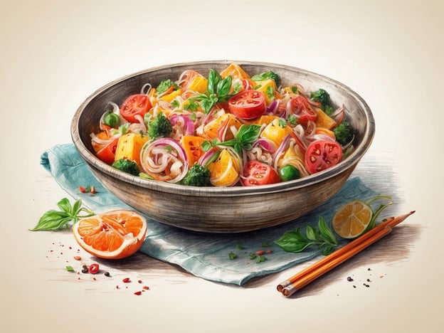 Auf dem Bild ist eine farbenfrohe Salatschüssel zu sehen, die mit verschiedenen kulinarischen Spezialitäten gefüllt ist. Die Kombination umfasst frische Zutaten wie Tomaten, Brokkoli und fruchtige Stücke, möglicherweise von einer Zitrusfrucht wie Orange oder Zitrone.Diese Art von Gericht könnte Teil einer mediterranen Küche sein, die für ihre Verwendung von frischem Gemüse und Kräutern bekannt ist. Auch die Idee eines erfrischenden Obstsalates oder einer leichten Sommerspeise, die besonders an warmen Tagen genossen wird, spiegelt sich in diesem Bild wider.Die Verwendung von Kräutern wie Basilikum verleiht dem Gericht zusätzliches Aroma und Frische. solch eine Mischung von leichten und knackigen Zutaten ist typisch für lokale Küchen, die Wert auf gesunde und schmackhafte Variationen legen.