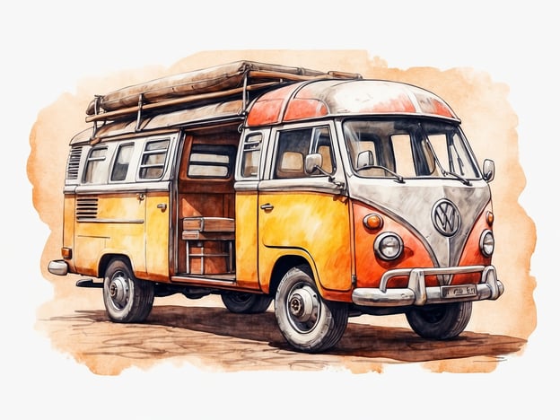 Auf dem Bild ist ein klassischer Volkswagen-Bus zu sehen, der oft mit Camping und Reisen in Verbindung gebracht wird. Er könnte Teil eines Roadtrips sein, wo Menschen die Natur erkunden oder an einem Musikfestival teilnehmen. Man könnte sich vorstellen, dass Familie oder Freunde darin sitzen, vielleicht am Strandcamping machen oder einen Ausflug in die Berge unternehmen. Solche Vans sind auch oft bei Outdoor-Veranstaltungen oder in der Freizeitgestaltung anzutreffen.
