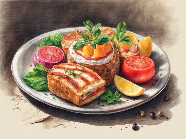Auf dem Bild ist ein kunstvoll angerichteter Teller zu sehen, der kulinarische Genüsse bereithält. Es gibt eine Art gefülltes Brot oder Auflauf mit einer goldbraunen Kruste, die mit großzügigen Streifen von Schinken oder Speck belegt ist. Dazu sind frische Kräuter wie Basilikum zu finden, die dem Gericht eine aromatische Note verleihen.Neben dem Hauptgericht sind verschiedene Früchte angerichtet: leuchtend rote Tomaten, saftige Orangen und eine exotische Frucht, die eine interessante Farbe hat. Diese Kombination aus herzhaftem und süßem Geschmack sowie die frischen Kräuter machen das Gericht zu einem visuellen und geschmacklichen Highlight.