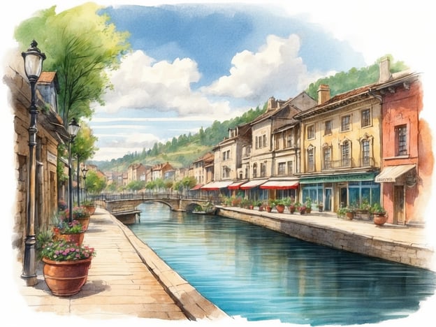 Auf dem Bild ist eine malerische Uferpromenade zu sehen, die von schönen, historischen Gebäuden gesäumt wird. Ein ruhiger Fluss fließt entlang der Straße, und es gibt eine Brücke, die die beiden Ufer verbindet. Die Landschaft ist grün und einladend, mit blühenden Pflanzen in großen Töpfen.In der Geschichte von Bingen am Rhein könnten ähnliche Szenen vorkommen, da die Stadt für ihre wunderschöne Lage am Rhein und ihre reichen historischen Wurzeln bekannt ist. Die charmante Architektur und die Verbindung zur Natur spiegeln das malerische Bild von Bingen wider, wo der Fluss eine zentrale Rolle im Leben der Menschen spielt.