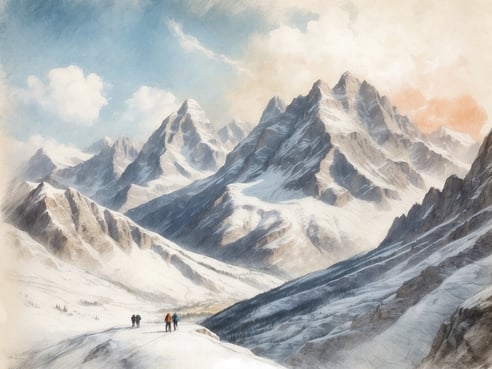 Eine beeindruckende Alpenlandschaft zeigt hohe, schneebedeckte Berge mit steilen Felswänden und einer klaren blauen Himmel mit einigen Wolken. Im Vordergrund wandern mehrere Personen auf einem schneebedeckten Weg, umgeben von der majestätischen Natur. Die Schatten und Lichtverhältnisse betonen die Schönheit der Berglandschaft, während die sanften Farben des Himmels einen warmen Kontrast zur kalten Umgebung bieten. Dieses Bild vermittelt die Faszination der italienischen Alpen als unberührtes Paradies für Wanderer und Skifahrer.