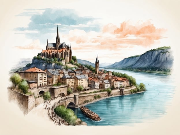Auf dem Bild ist eine idyllische Landschaft zu sehen, die eine Stadt am Ufer eines Flusses darstellt. Im Vordergrund sieht man ein malerisches Hafenbecken mit einem Boot, und im Hintergrund erhebt sich eine eindrucksvolle Kirche oder Kathedrale auf einem Hügel. Die Gebäude am Hang und entlang des Flusses zeigen charmante historische Architektur.Die Stadt erinnert an die Geschichte von Andernach, einer alten Stadt am Rhein mit einer reichen Geschichte, die bis in die Römerzeit zurückreicht. Andernach ist bekannt für seine gut erhaltenen Stadtmauern und mittelalterlichen Strukturen. Die umliegende Natur und die Lage am Wasser tragen zur Schönheit der Stadt bei, ähnlich wie auf dem Bild dargestellt.