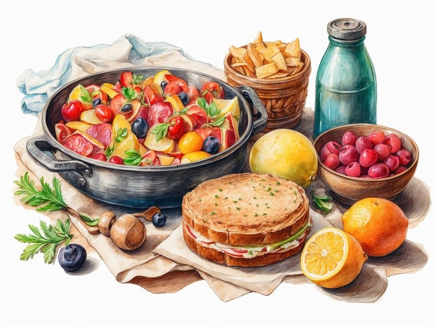 Auf dem Bild sind verschiedene kulinarische Elemente zu sehen, die eine bunte Mischung aus frischen Zutaten darstellen. Es gibt einen großen Topf mit einem bunten Gemüse- und Obstsalat, der Tomaten, Zitrusfrüchte und Oliven enthält. Neben dem Topf liegen ein paar frisch zubereitete Sandwiches und eine Auswahl an Früchten, darunter Zitronen, Orangen und Trauben. Auch ein Flasche und ein Korb mit Fritten sind zu sehen.In Andernach gibt es viele kulinarische Highlights, wie die regionale Küche, die von frischen Zutaten und saisonalen Produkten geprägt ist. Besonders empfehlenswert sind die lokalen Restaurants, die Gerichte mit Spargel, Fisch und echten Andernacher Spezialitäten anbieten. Außerdem sind die Weinfeste und Märkte, wo erlesene Weine und hausgemachte Leckereien angeboten werden, ein weiteres kulinarisches Highlight der Region.