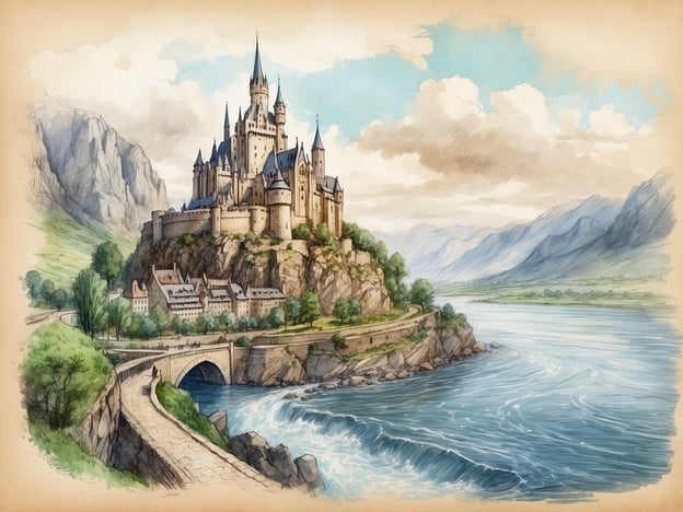 Auf dem Bild sieht man eine majestätische Burg auf einem Hügel, umgeben von einer malerischen Landschaft mit Bergen und einem Fluss. Diese Szenerie erinnert an die Geschichte von St. Goar, einer Stadt am Rhein, die für ihre beeindruckende Burg Rheinfels bekannt ist.Die Legenden erzählen, dass der heilige Goar hier lebte, und seine Taten und Wunder sind tief in der Geschichte der Region verwurzelt. Die Burg steht symbolisch für den Schutz und die Macht vergangener Zeiten, während der Fluss den Weg für Händler und Reisende darstellt, die einst die Landschaft durchquerten. Die idyllische Umgebung mit den sanften Hügeln und der klaren Wasseroberfläche spiegelt die romantische Atmosphäre dieser historischen Stätte wider.