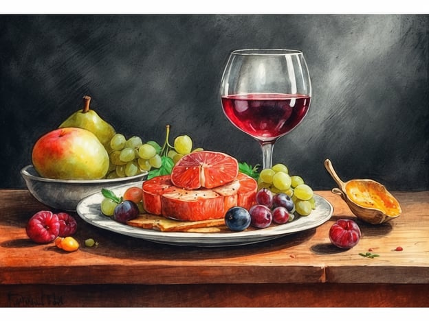 Auf dem Bild ist ein stilllebenartiges Arrangement von Früchten und Speisen zu sehen. Es enthält Äpfel, Birnen, Trauben sowie eine Auswahl an Wurst- oder Käsescheiben, ergänzt durch einige Beeren und ein Glas Rotwein.Kulinarische Highlights in St. Goar umfassen regionale Spezialitäten wie den Rheinhessenwein, der oft perfekt zu einer Auswahl von Wurst- und Käseplatten passt. Zudem sind die malerischen Weinlokale entlang des Rheins bekannt für ihre ausgezeichneten Winzergerichte, die sich ideal mit den frischen, lokalen Zutaten kombinieren lassen. Ein Besuch in St. Goar bietet die Möglichkeit, diese kulinarischen Köstlichkeiten zusammen mit der wunderschöner Landschaft zu genießen.