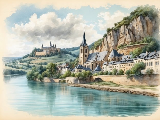 Auf dem Bild ist eine malerische Landschaft zu sehen, die an eine historische Stadt erinnert, jedoch nicht direkt Ludwigshafen entspricht. In Ludwigshafen gibt es einige Sehenswürdigkeiten, die erwähnenswert sind, wie zum Beispiel:1. **Wilhelms-Höhe**: Ein schöner Aussichtspunkt mit Blick auf den Rhein.2. **Rhein-Galerie**: Ein modernes Einkaufszentrum direkt am Rhein mit einer schönen Architektur.3. **Ludwigshafener Rathaus**: Ein historisches Bauwerk, das das Stadtbild prägt.Das Bild könnte die Idylle und die Architektur von Städten am Rhein symbolisieren, jedoch sind die dargestellten Landschaften und Gebäude fiktiv.