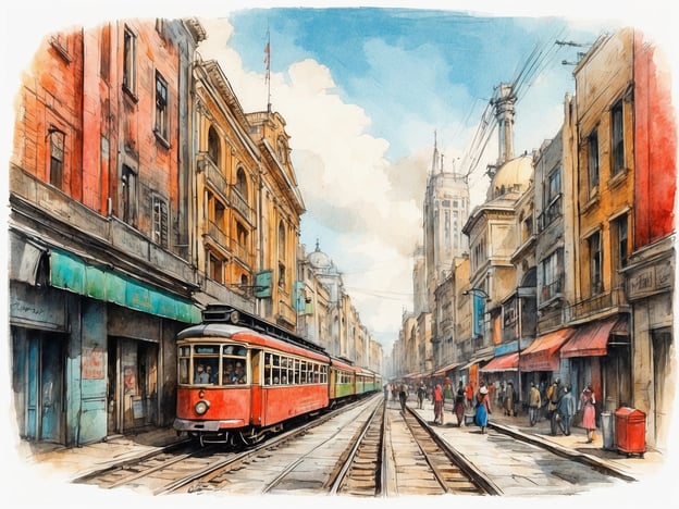 Auf dem Bild ist eine malerische Stadtstraße zu sehen, durch die eine rot-grüne Straßenbahn fährt. An den Seiten der Straße stehen alte, mehrstöckige Gebäude, zwischen denen sich ein reges Treiben von Menschen abspielt. Einige Geschäfte haben Markisen, und die Architektur wirkt historisch.In Ludwigshafen könnte man ähnliche Straßen erleben, besonders in den älteren Teilen der Stadt, wo die Straßenbahnen regelmäßig verkehren. Auch hier trifft man auf eine lebendige Atmosphäre, mit Geschäften, Cafés und einem bunten Treiben der Stadtbewohner.