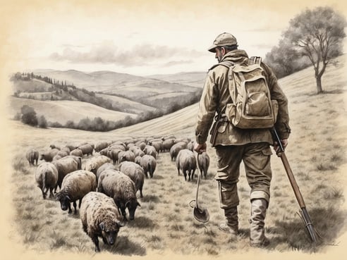 Ein Mann mit einer Schultertasche und einer Schaufel schreitet durch eine weite, sanft geschwungene Landschaft, die mit grasenden Schafen bedeckt ist. Im Hintergrund sind Hügel und Bäume sichtbar, die die friedliche Szenerie umrahmen. Die Stimmung des Bildes strahlt eine ländliche Idylle aus, die typisch für die Hügel Umbriens ist. Der Mann trägt eine militärische Kleidung und hält ein Gewehr in der anderen Hand, während die Schafe in verschiedenen Positionen und Bewegungen auf der Wiese verteilt sind. Das Bild vermittelt das Gefühl von Tradition und der engen Verbindung zur Natur.