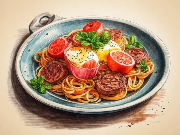 Auf dem Bild ist ein Teller mit Spaghetti zu sehen, der mit verschiedenen Zutaten wie Tomaten, Kräutern und möglicherweise Fleischbällchen oder Wurstscheiben dekoriert ist. Die Kombination erinnert an mediterrane Küche.In Kaiserslautern gibt es viele kulinarische Genüsse zu entdecken, die ähnliche Aromen und Zutaten verwenden. Restaurants bieten oft italienische Spezialitäten an, in denen frische Pasta und aromatische Saucen eine große Rolle spielen. Es lohnt sich, die lokalen Gastronomien zu erkunden, um solche leckeren Gerichte zu probieren!