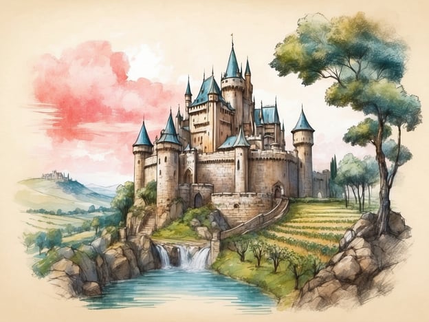 Auf dem Bild ist ein illustriertes Schloss zu sehen, das an historische Burgen erinnert. In Landau gibt es zwar keine direkten Sehenswürdigkeiten, die genau so aussehen, aber die Umgebung könnte an die malerische Landschaft der Pfalz erinnern.In der Nähe von Landau kann man das Schloss Villa Ludwigshöhe besichtigen, das einige ähnliche architektonische Elemente aufweist. Zudem ist die hübsche Altstadt von Landau mit ihren Weinbergen und historischen Gebäuden immer einen Besuch wert, was auch eine charmante Kulisse bietet.