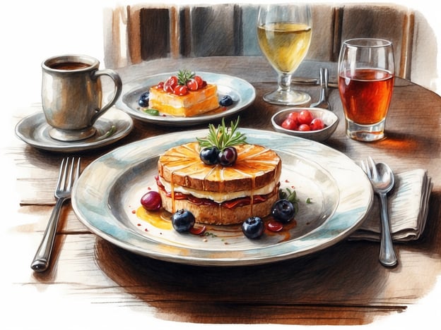Auf dem Bild sind verschiedene kulinarische Highlights zu sehen. Im Vordergrund befindet sich ein beeindruckend angerichteter Teller mit einem kunstvoll gestapelten Dessert, das aus Brot oder Kuchen besteht und mit Früchten wie Heidelbeeren und einer Orangenscheibe garniert ist. Dazu gibt es eine fruchtige Sauce, die das Dessert veredelt.Neben dem Hauptgericht sind weitere Köstlichkeiten auf dem Tisch verteilt, darunter ein Stück Kuchen mit einer fruchtigen Garnitur, möglicherweise ein Obsttörtchen, und kleine Schalen mit frischen Beeren. Zu trinken gibt es eine Auswahl von Getränken: eine Tasse Kaffee, ein Glas Saft oder Limonade und ein weiteres Glas mit einem leuchtend goldenen Getränk, das vielleicht Wein oder Cidre ist. Diese Zusammenstellung bietet ein ansprechendes und leckeres Frühstück oder Brunch-Arrangement.