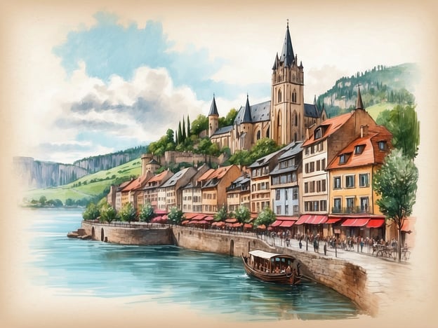 Auf dem Bild ist eine malerische Flusslandschaft mit einer Architektur zu sehen, die an historische Städte erinnert. Die Szenerie könnte an die Geschichte von Neuwied anknüpfen, einer Stadt, die im 18. Jahrhundert gegründet wurde und sich am Rhein befindet.Neuwied war ursprünglich eine Ansiedlung von französischen Einwanderern, die die Stadt unter dem Einfluss von Siedlungsbewegungen des aufgeklärten 18. Jahrhunderts entwickelten. Die St. Laurentius Kirche, die im Hintergrund des Bildes angedeutet sein könnte, spiegelt den historischen Einfluss der Region wider.Die Uferpromenade mit den bunten Häusern und dem Boot im Wasser erinnert an die lebendige Rheinlage von Neuwied, wo sich Handel und Verkehr entlang des Flusses abspielten. Die Gestaltung des Stadtbildes könnte auch auf die Tradition des Rheins als Verkehrsweg hinweisen, der Neuwied über Jahrhunderte hinweg geprägt hat.
