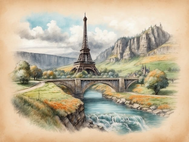 Auf dem Bild ist eine malerische Landschaft mit einem großen Turm, der an den Eiffelturm erinnert, zu sehen. Es gibt eine Brücke über einen Fluss, der sanft durch die grüne Umgebung fließt, umgeben von Hügeln und Bäumen. Die Szenerie strahlt eine ruhige und idyllische Atmosphäre aus.Entdecke die Schönheit der Eifel! Diese Region bietet ebenfalls atemberaubende Landschaften mit ihren sanften Hügeln, klaren Seen und pittoresken Dörfern. Die Eifel ist bekannt für ihre Natur und lädt zu Erkundungen und Entspannung ein.