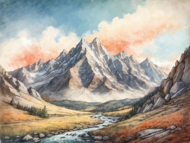 Auf dem Bild ist eine malerische Landschaft mit majestätischen Bergen, die mit Schnee bedeckt sind, sowie einem klaren Fluss, der durch ein Tal fließt. Im Vordergrund sieht man eine Wiese mit Bäumen, während im Hintergrund die hohen Gipfel in einem malerischen Himmel stehen, der in sanften Farben schimmert.Im Bezug auf die Lage des Landal Wirfttals könnte man sagen, dass es sich um eine ähnliche alpine Umgebung handelt, da Landal Wirfttal in der Nähe von Bergen und Naturlandschaften liegt. Die dargestellte Szenerie könnte an die beeindruckende Natur erinnern, die man in und um das Landal Wirfttal erleben kann.
