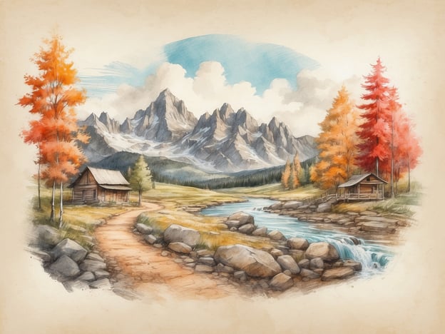 Auf dem Bild sind malerische Berglandschaften mit hohen Gipfeln und einem klaren Wasserfluss zu sehen. Die Umgebung ist von Bäumen umgeben, die in warmen Herbsttönen leuchten. Es gibt einfache Hütten, die eine ländliche Atmosphäre ausstrahlen.In dieser Region bieten sich vielfältige Freizeitgestaltungen an, wie Wandern auf den Bergwegen, Angeln im Fluss oder einfaches Entspannen in der Natur. Die traumhafte Kulisse lädt zu Aktivitäten im Freien ein und ermöglicht, die Schönheit der Landschaft zu genießen. Ideal wäre auch ein Picknick oder das Erkunden der Umgebung mit dem Fahrrad.