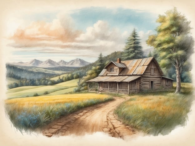 Auf dem Bild ist eine malerische, rustikale Holzhütte zu sehen, die von einer schönen, naturbelassenen Landschaft umgeben ist. Im Hintergrund erheben sich majestätische Berge, während die Wiesen im Vordergrund in warmen Gelbtönen leuchten. Die Szenerie vermittelt eine ruhige und idyllische Atmosphäre, die typisch für ländliche Gebiete ist.Diese Art von Umgebung erinnert an die Lage von Landal Hochwald, wo Gästen die Möglichkeit geboten wird, die Natur in vollen Zügen zu genießen. Die Kombination aus Wäldern, Bergen und offenen Feldern schafft ideale Bedingungen für entspannende Spaziergänge und aktive Erholung im Freien.