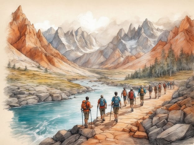 Auf dem Bild sind Wanderer zu sehen, die entlang eines malerischen Flusses in einer Gebirgslandschaft gehen. Diese Art von Szene ist typisch für viele Regionen, die Freizeitangebote wie Wandern, Trekking oder Naturerkundungen anbieten.In der Umgebung könnten zahlreiche Freizeitaktivitäten stattfinden, wie zum Beispiel:- **Wanderungen** auf gut markierten Trails, die durch beeindruckende Berglandschaften führen.- **Mountainbiking** auf speziell angelegten Strecken.- **Angeln** oder **Kanufahren** im Fluss.- **Naturtouren** oder geführte Wanderungen, um mehr über die lokale Flora und Fauna zu lernen.- **Camping** in der Nähe von malerischen Seen oder in den Wäldern.Diese Aktivitäten bieten eine großartige Möglichkeit, die natürliche Schönheit der Region zu genießen und sich im Freien zu betätigen.