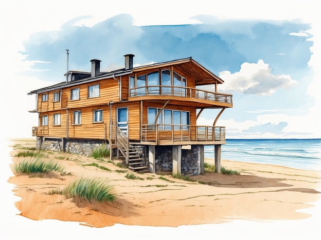 Auf dem Bild ist ein modernes, hölzernes Strandhaus zu sehen, das direkt am Meer steht. Das Haus verfügt über große Fenster und eine Terrasse, die einen herrlichen Blick auf den Strand und das Wasser bieten.In Büsum gibt es zahlreiche gemütliche Übernachtungsmöglichkeiten, die eine ähnliche Atmosphäre wie das abgebildete Haus vermitteln. Dazu gehören Ferienwohnungen und -häuser, die oft in unmittelbarer Nähe zum Strand liegen. Besonders empfehlenswert sind Unterkünfte wie das **Strandhotel**, das familienfreundliche **Fewos** oder Ferienhäuser mit Meerblick. Diese bieten nicht nur Komfort, sondern auch die Möglichkeit, die Küstenlandschaft zu genießen.