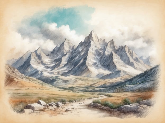 Auf dem Bild ist eine majestätische Berglandschaft zu sehen. Im Hintergrund erheben sich hohe, schroffe Berge, deren Spitzen von Wolken umgeben sind. Die Felsen sind teilweise schneebedeckt, was auf eine alpine Umgebung hinweist.In der Mitte des Bildes verläuft ein schmaler Weg, der durch eine weite, sanft geschwungene Ebene führt. Diese Ebene ist mit Gras und vereinzelten Pflanzen bewachsen und wird von großen, flachen Steinen gesäumt. Der Himmel darüber ist hellblau mit einigen weißen, wolkenverhangenen Stellen, die dem Bild eine friedliche und weitläufige Atmosphäre verleihen. Die gesamte Szenerie strahlt eine ruhige, natürliche Schönheit aus.