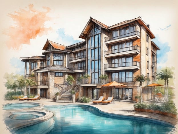 Auf dem Bild ist eine elegante Unterkunft zu sehen, die wie ein modernes Resort oder eine Ferienanlage aussieht. Das Gebäude hat große Fenster und eine ansprechende Architektur, die mit Naturmaterialien wie Stein und Holz gestaltet ist. Vor dem Gebäude erstreckt sich ein Pool, der von Liegestühlen und Sonnenschirmen umgeben ist, was für Entspannung und Erholung sorgt.Zu den Annehmlichkeiten gehören der Pool, der möglicherweise auch einen Whirlpool hat, sowie die gepflegte Gartenlandschaft mit Palmen und weiteren Pflanzen, die zur Atmosphäre beitragen. Die großen Balkone und Terrassen bieten zusätzlich Platz zum Entspannen im Freien. Insgesamt vermittelt das Bild einen Eindruck von Luxus und einem idealen Urlaubsort.