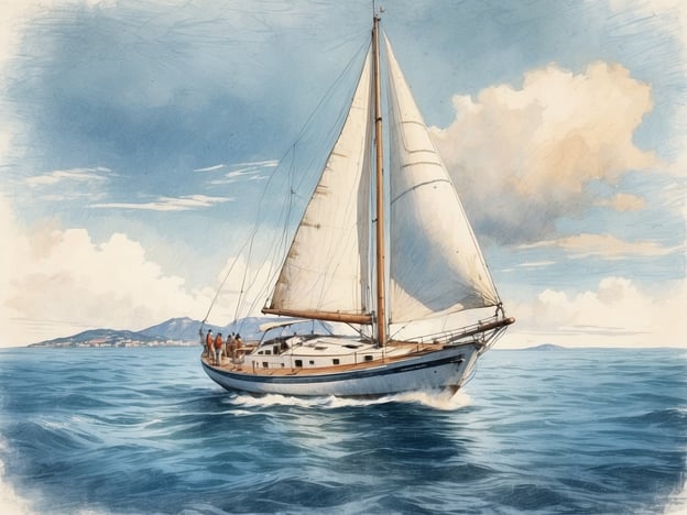 Ein elegantes Segelschiff gleitet über das glitzernde Wasser der dalmatinischen Küste. Im Hintergrund sind sanfte Hügel und eine Küstenlinie mit kleinen Ortschaften zu sehen. Auf dem Schiff stehen mehrere Personen und genießen das Segelabenteuer. Der Himmel ist klar mit einigen weißen Wolken, die eine einladende Atmosphäre schaffen. Dieses Bild vermittelt den Geist des Inselhoppings und der Freiheit auf dem Wasser.