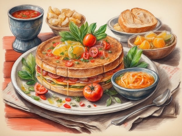 Auf dem Bild ist ein appetitliches Gericht zu sehen, das aus einem mehrlagigen Sandwich mit frischem Gemüse, Käse und möglicherweise auch einer Füllung aus Fleisch oder pflanzlichen Zutaten besteht. Dazu gibt es eine Schüssel mit Tomatensuppe, knusprige Kartoffelwürfel sowie eine Beilage aus Nudeln und eine fruchtige Nachspeise aus Orangenstücken.In der regionalen Gastronomie könnte dieses Gericht verschiedene Einflüsse reflektieren, vielleicht inspiriert von italienischer oder mediterraner Küche, wo frische Zutaten und Aromen eine zentrale Rolle spielen. Eine typische Sehenswürdigkeit in dieser Region könnte ein kleiner, malerischer Marktplatz sein, auf dem lokale Produkte und Spezialitäten gehandelt werden. Auch gemütliche Restaurants, die solche Gerichte anbieten, finden sich häufig in touristischen Gebieten und tragen zum einmaligen Essgefühl bei.