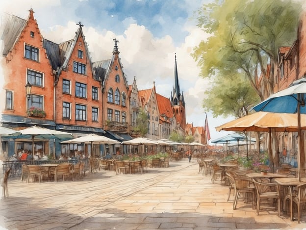 Auf dem Bild ist eine malerische Straße mit historischen Gebäuden zu sehen, die eine einladende Atmosphäre ausstrahlen. Die roten Ziegelhäuser haben hohe Giebel und große Fenster. An der Straße sind Cafés und Restaurants mit Sonnenschirmen und Tischen im Freien, was darauf hindeutet, dass man hier draußen gemütlich sitzen kann. Im Hintergrund ist ein markanter Kirchturm zu erkennen, der den Charakter des Ortes unterstreicht. Die Bäume und die Menschen, die die Straße entlang spazieren, verleihen dem Bild eine lebendige Stimmung.In der Nähe von Travemünde gibt es ähnliche charmante Landschaften und Gebäude, die sich perfekt für einen entspannten Aufenthalt am Wasser anbieten. Travemünde selbst ist bekannt für seine schönen Strände und die maritime Atmosphäre, ideal für Erholung und Freizeitaktivitäten.