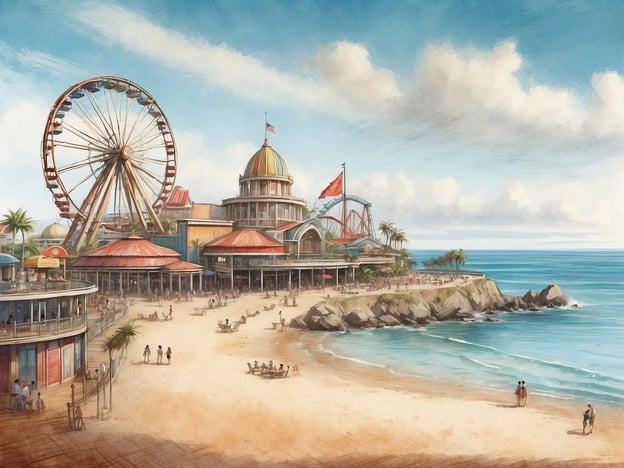 Auf dem Bild ist eine lebhafte Küstenlandschaft mit einem Freizeitbereich zu sehen, der eine große Aussichtskarre (Riesenrad) und bunte Gebäude zeigt. Im Hintergrund erstreckt sich das blaue Meer, und am Strand sind Menschen zu sehen, die sich entspannen und spazieren gehen.Dies erinnert an den Santa Monica Pier in Kalifornien, der bekannt für sein Riesenrad und die lebhafte Strandatmosphäre ist. In der Nähe gibt es auch den Palisades Park und viele Geschäfte und Restaurants, die die Besucher anziehen.