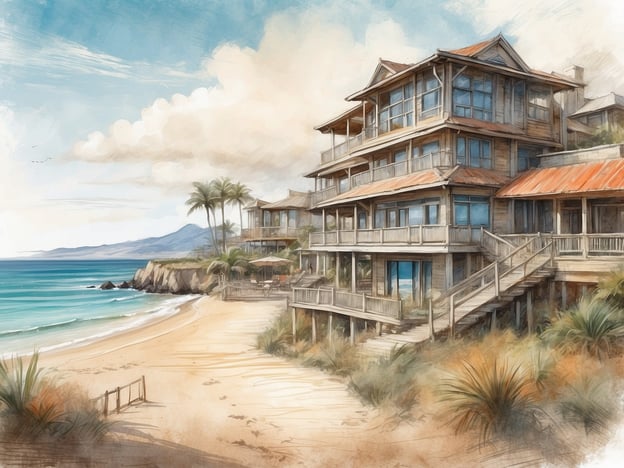 Auf dem Bild sind Strandhäuser zu sehen, die sich direkt am Meer befinden. Der Strand ist sandig und von Palmen gesäumt. Die Architektur der Häuser ist modern und wirkt einladend, mit großen Fenstern und Veranden, von denen aus man den Blick auf das Wasser genießen kann.Der Landal GreenParks Beach Park Texel liegt an der Nordsee auf der Insel Texel in den Niederlanden. Dieser Park bietet eine naturnahe Umgebung mit Strandzugang, ideal für Familien und Erholungssuchende. Die Umgebung ist geprägt von Dünenlandschaften, Stränden und der Möglichkeit, Wassersport zu betreiben.